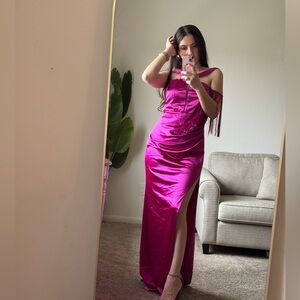 Fuchsia Satin One-Shoulder Evening Dress with Fringe Detail